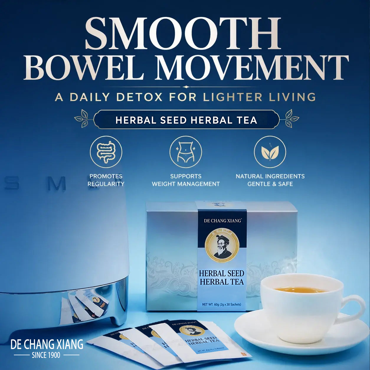 Herbal Seed Tea Sachets, All-Natural Plant-Based Gut Wellness Infusion with Industrial Hemp Seed & Multi-Botanical Blend, Supports Bowel Regularity, Balanced Metabolism & Natural Inner Skin Radiance for Sedentary Adults, 2g*30 Sachets