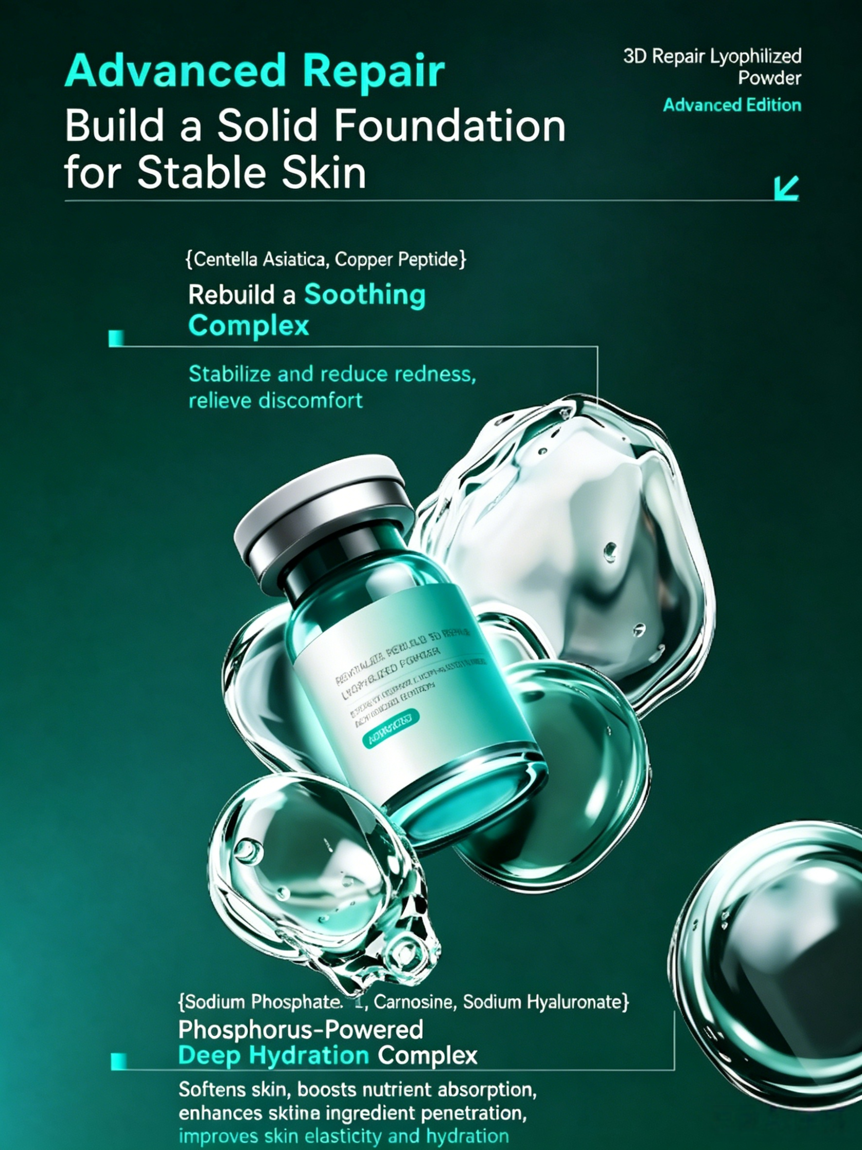 Stereo Repair Freeze-Dried Powder, 3-Pair Box,Patented Nano Collagen Lyophilized Ampoule Serum, TVC Transdermal Absorption Skin Barrier Rebuild Formula, 8 No Added Fragrance/Alcohol/Mineral Oil Repair Powder for Sensitive Acne Skin & Post-Beauty Treatment