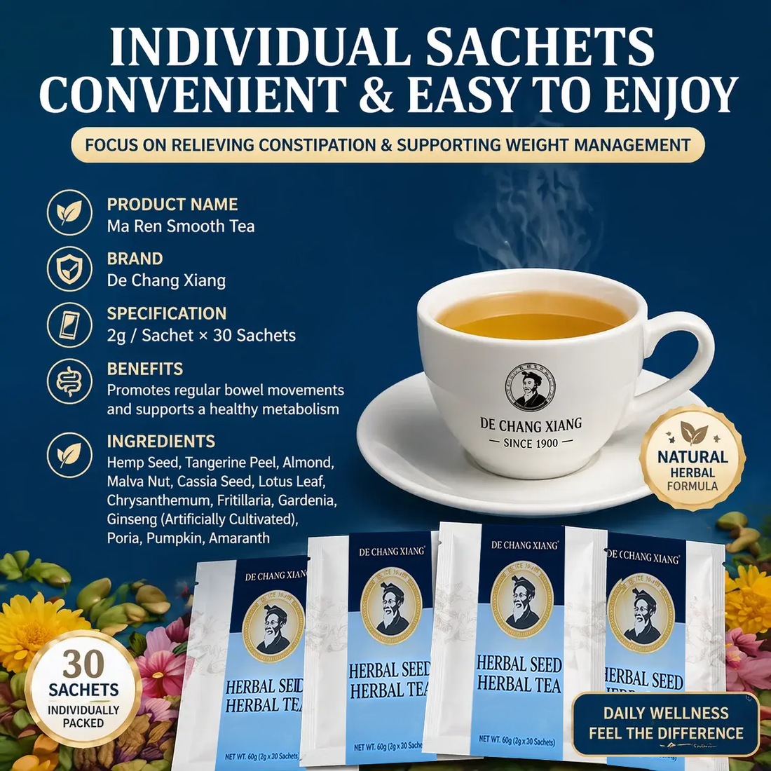 Herbal Seed Tea Sachets, All-Natural Plant-Based Gut Wellness Infusion with Industrial Hemp Seed & Multi-Botanical Blend, Supports Bowel Regularity, Balanced Metabolism & Natural Inner Skin Radiance for Sedentary Adults, 2g*30 Sachets