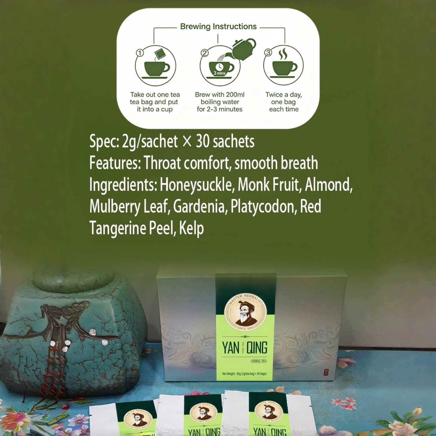 Throat Wellness Herbal Tea Sachets, All-Natural Multi-Botanical Infusion with Monk Fruit & Honeysuckle Blend, Supports Gentle Throat Comfort, Smooth Breathing & Seasonal Respiratory Relief for Teachers, Speakers & Smokers, 2g*30 Sachets