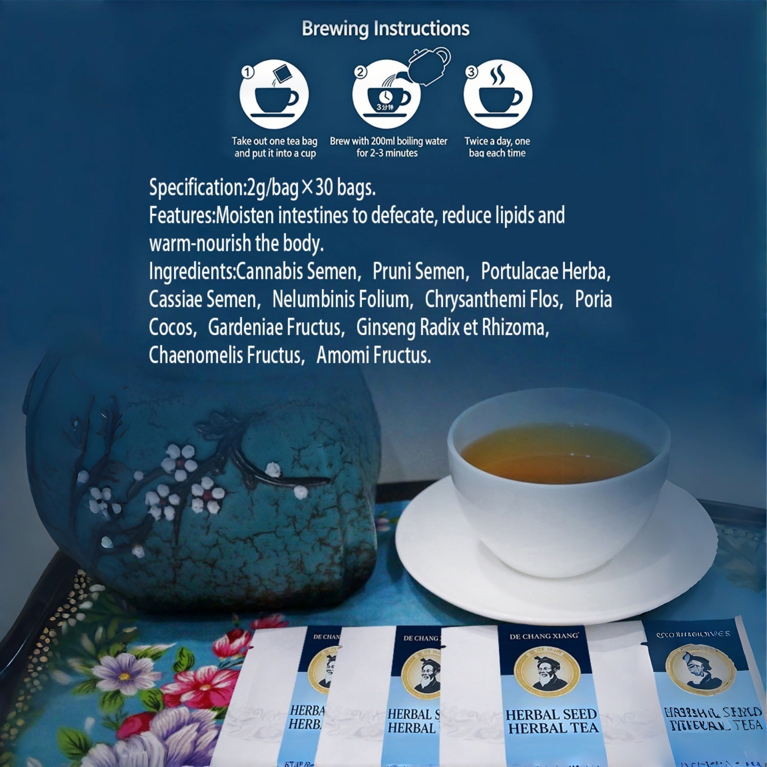 Herbal Seed Tea Sachets, All-Natural Plant-Based Gut Wellness Infusion with Industrial Hemp Seed & Multi-Botanical Blend, Supports Bowel Regularity, Balanced Metabolism & Natural Inner Skin Radiance for Sedentary Adults, 2g*30 Sachets